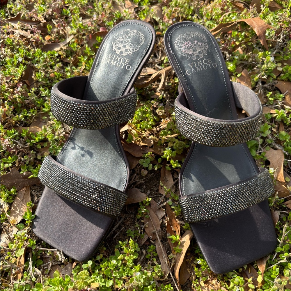 Vince Camuto Black Crystal Double-Strap Slide Heels